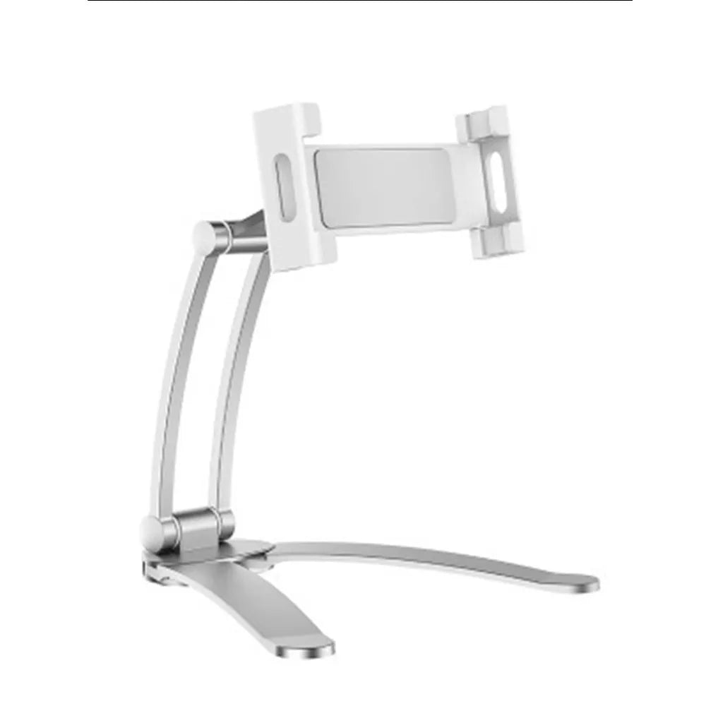 Silver aluminium alloy desktop tablet stand holding a tablet at an adjustable angle with a white mounting base.