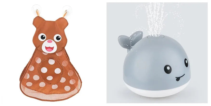 Automatic water spray whale bath toy with colourful LED lights floating in baby bath