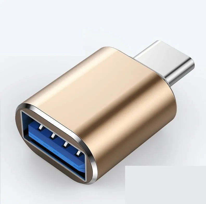 Type-C to USB-A OTG adapter converter in black, gold, and silver colour options.