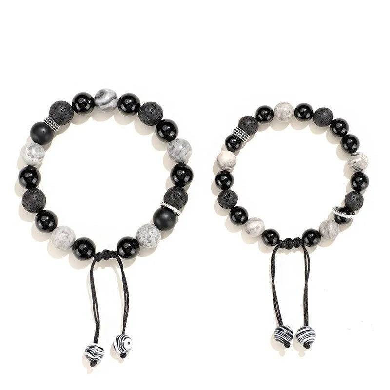 Black agate map stone volcanic rock bracelet with diamond beads in new Chinese style, shown in 10mm and 8mm widths.