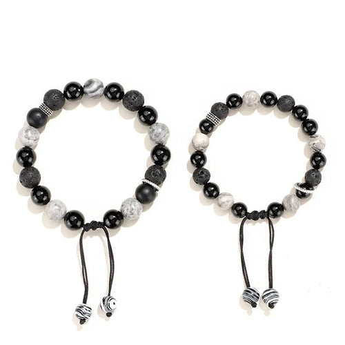 Black agate map stone volcanic rock bracelet with diamond beads in new Chinese style, shown in 10mm and 8mm widths.