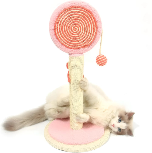 Blue cat scratching post with natural sisal rope and hanging ball toy on sturdy wood base