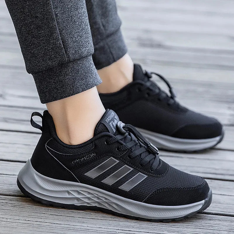 Men's and women's breathable mesh mom shoes with elastic band and non-slip sole in various colours.