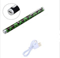Set of three green laser pointer pens in black, camouflage, and white colours.