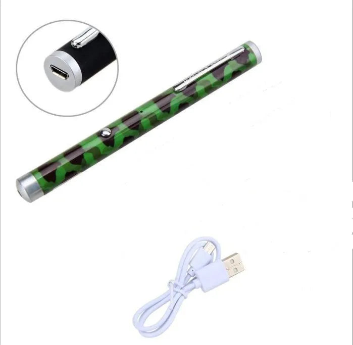 Set of three green laser pointer pens in black, camouflage, and white colours.
