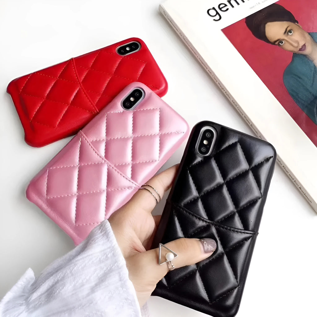 Genuine leather phone case for Apple iPhone in black, pink and red colour options.