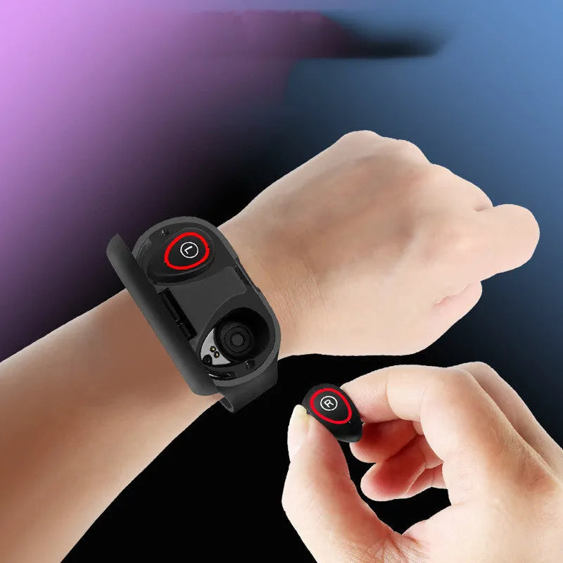 Blue smart bracelet and wireless earphone combo with 1-inch screen on a silicone wristband.