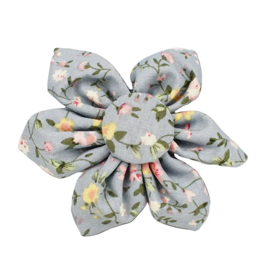 Blue floral polyester cotton dog collar set with leash, vest, bow, and poop bag in sizes XS to XL
