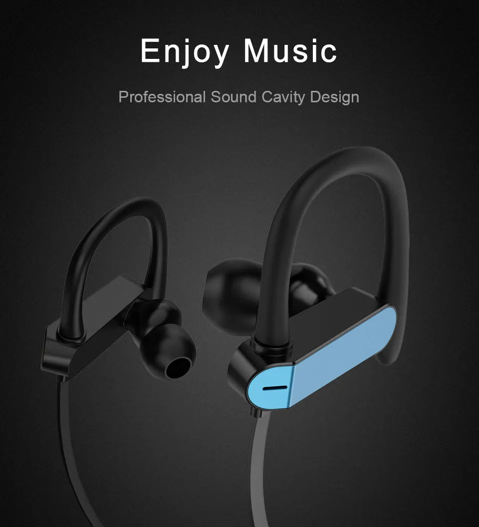 Sport earphones with ear hook design in black blue colour option for secure fit during exercise