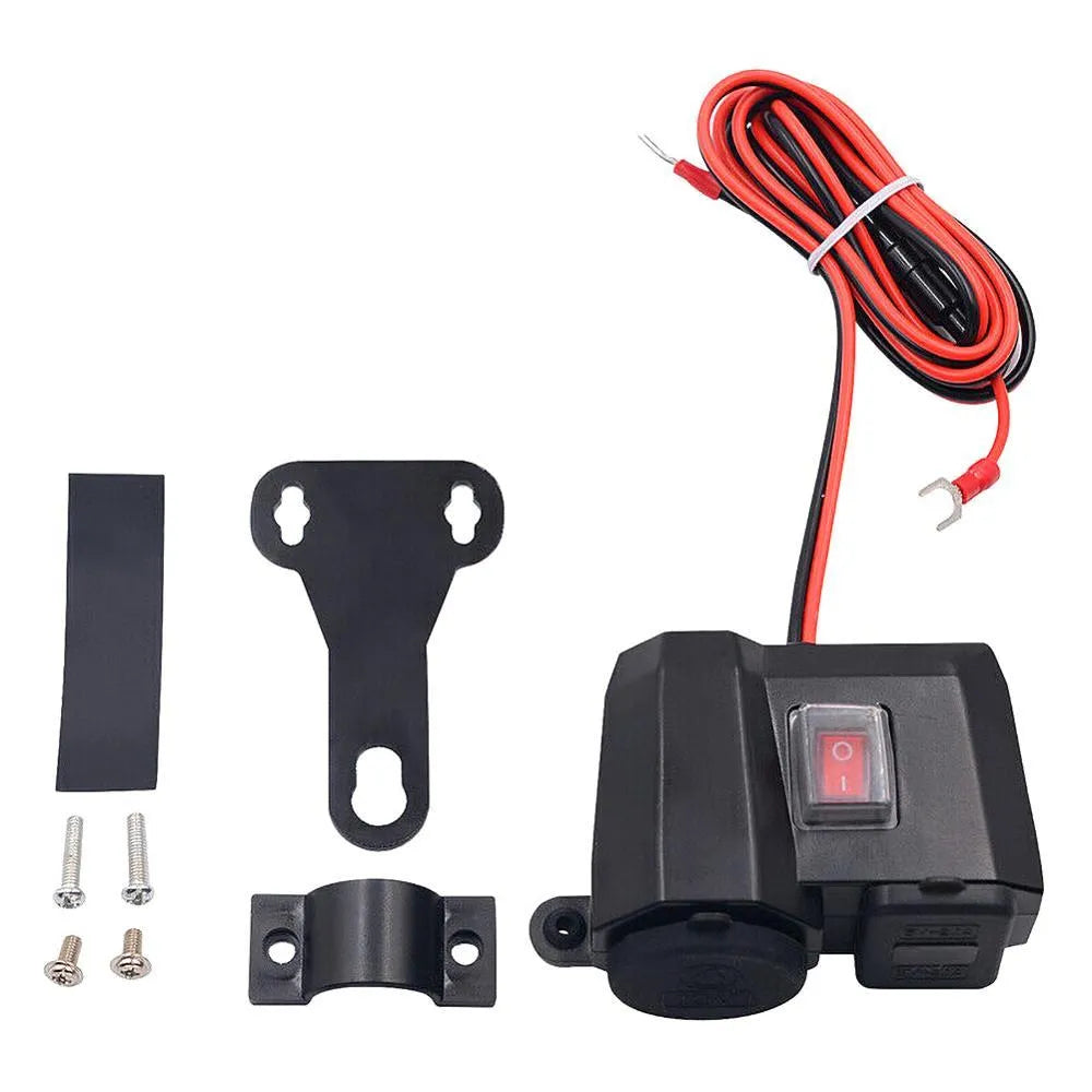 Black dual USB waterproof motorcycle charger with voltmeter mounted on handlebar