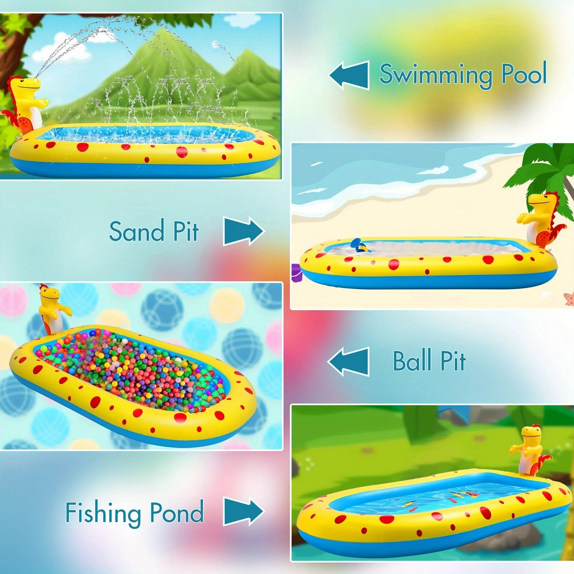Blue dinosaur water spray pool mat with shark graphics measuring 170x105cm