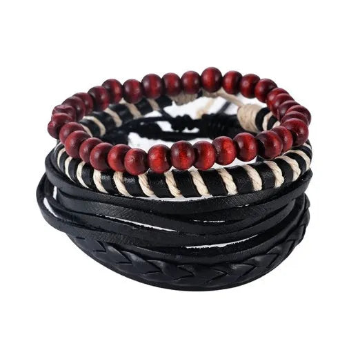 Hand-woven brown leather wrap bracelet with wooden beads on a 6cm adjustable band.