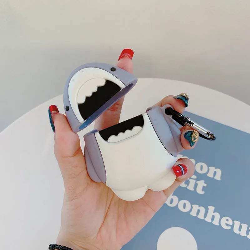 Silicone protective skin cover on a pair of white Apple AirPods 1 or 2 wireless earbuds.