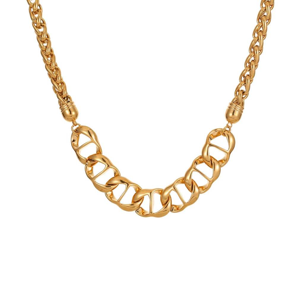 Stainless steel electroplated gold necklace with geometric chain design for women