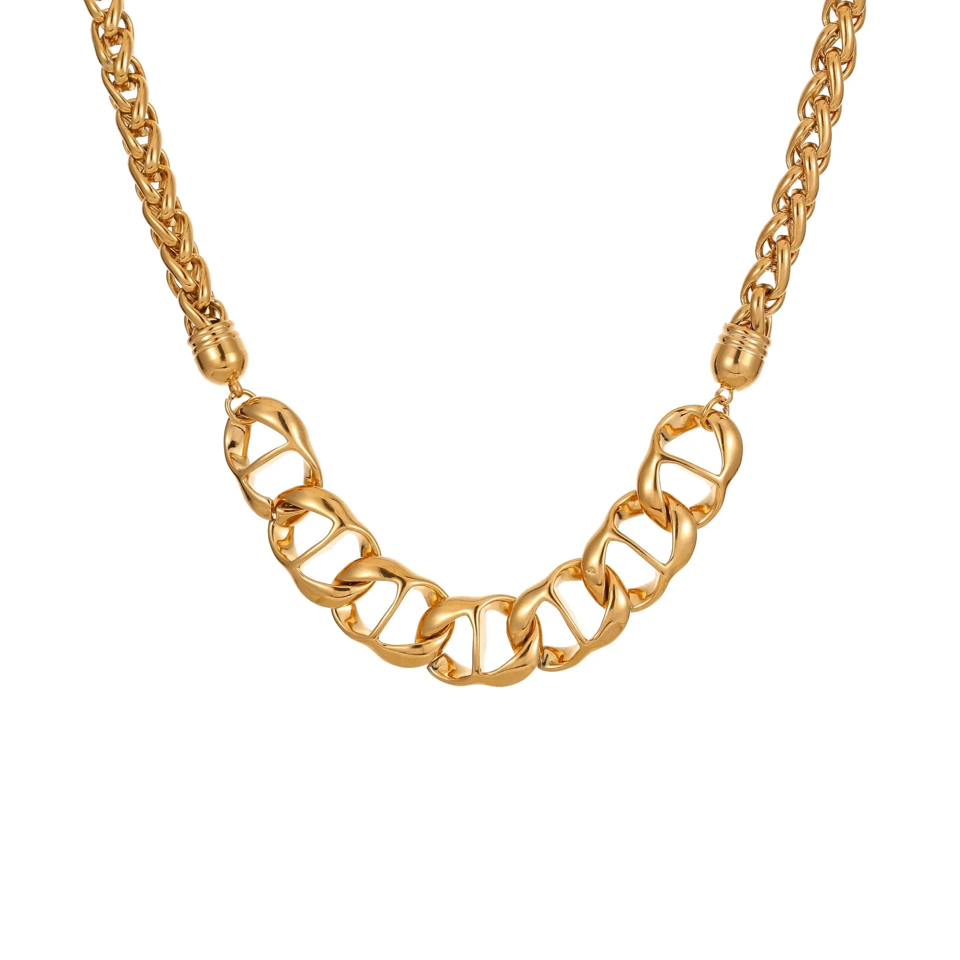 Stainless steel electroplated gold necklace with geometric chain design for women