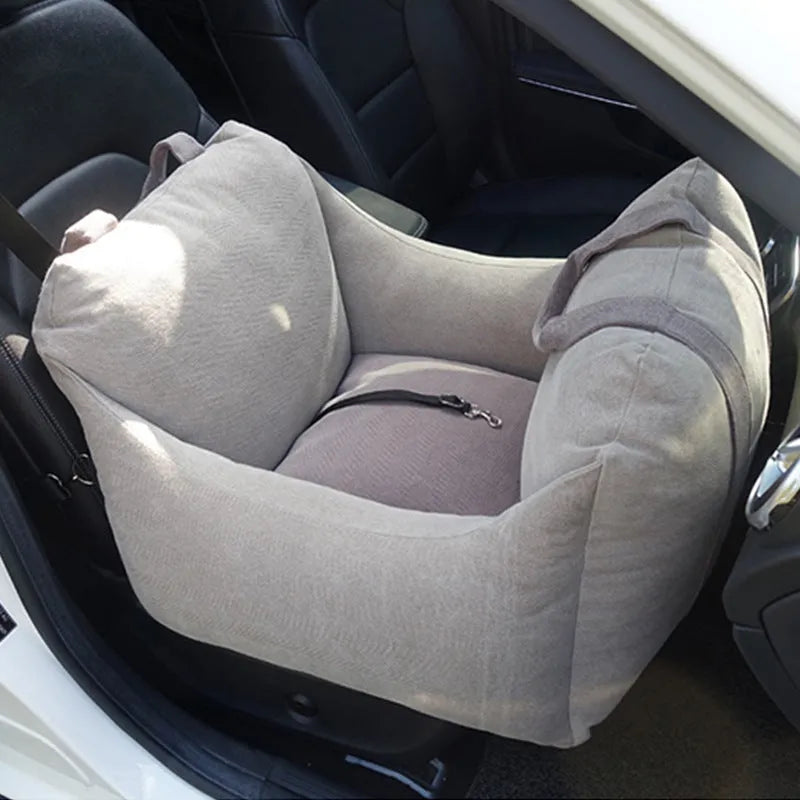 Pet dog car carrier seat basket in grey cloth with mesh panels for breathable travel