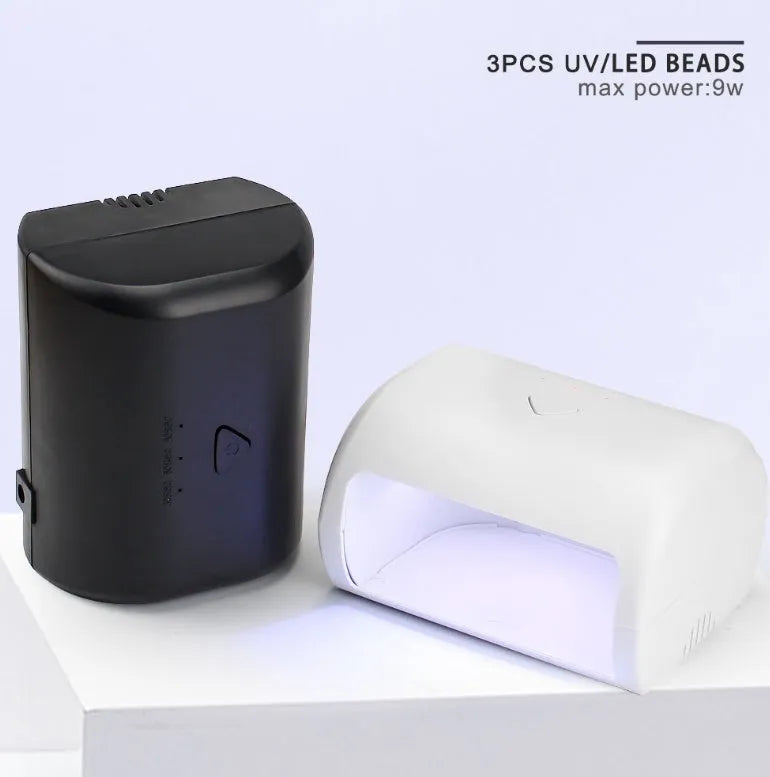 9W LED nail lamp in black with dual UV/LED light source, compact 120x96x71mm size, for gel polish curing