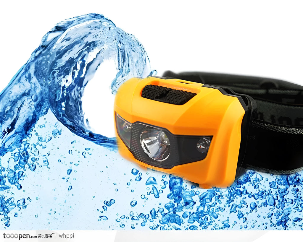 Black waterproof head torch with white and red LEDs mounted on adjustable headband for outdoor use.