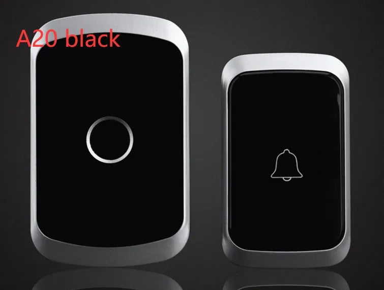 Wireless doorbell system with plug-in receiver and battery transmitter showing black, white, gold, and silver colour options