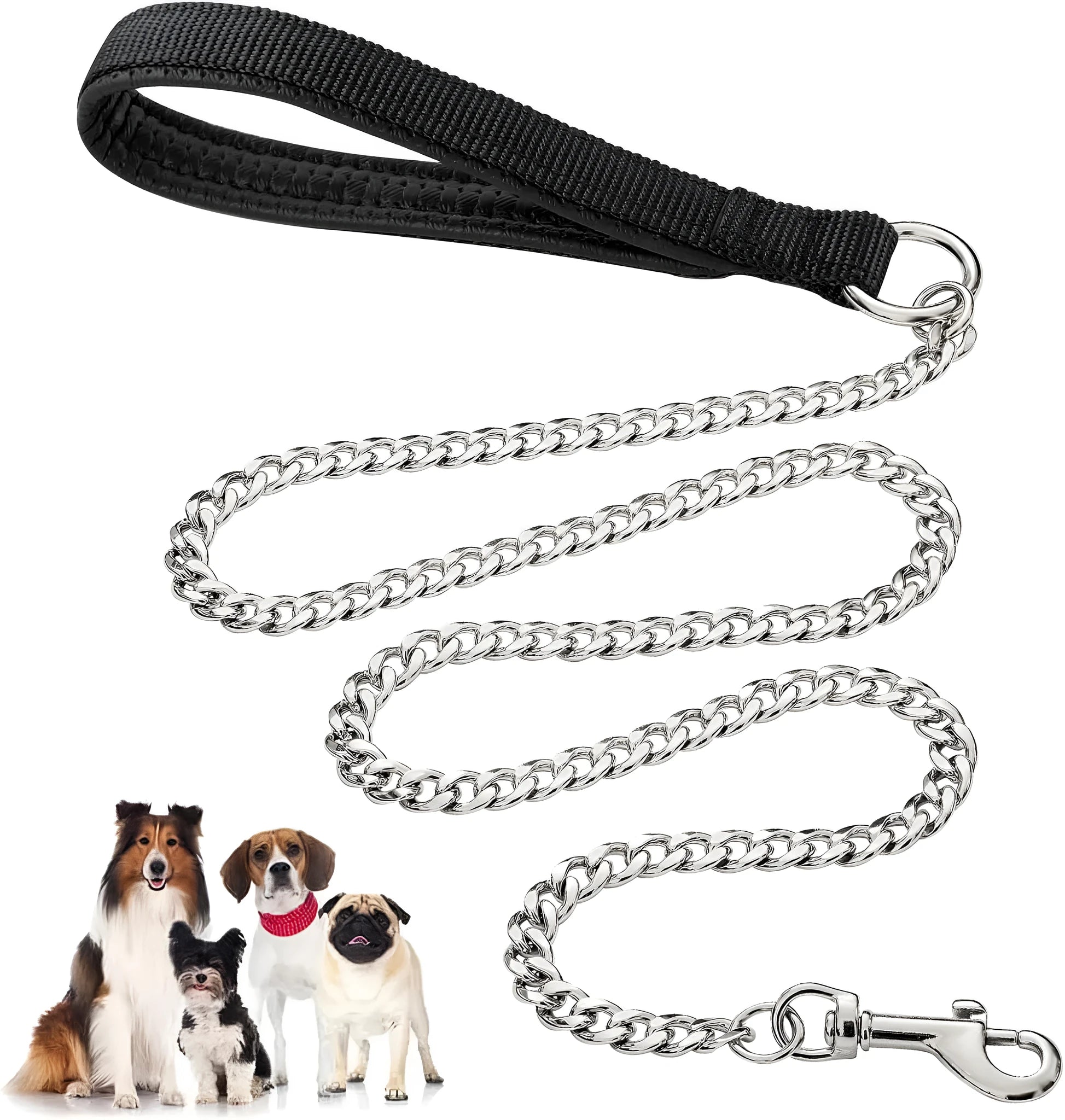 Heavy duty chrome metal dog leash chain with a black soft padded handle.