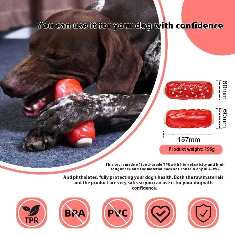Primary colour plastic dog chew toy with glue toothbrush design and molar rod sections
