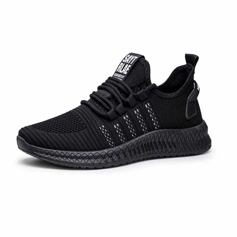 Men's black casual trainers with cross-strap design over striped pattern and Flying Weave fabric upper