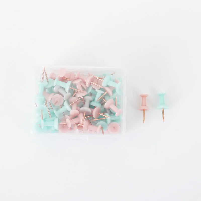 Set of 50 Morandi colour push pins in green and grey with star and button designs
