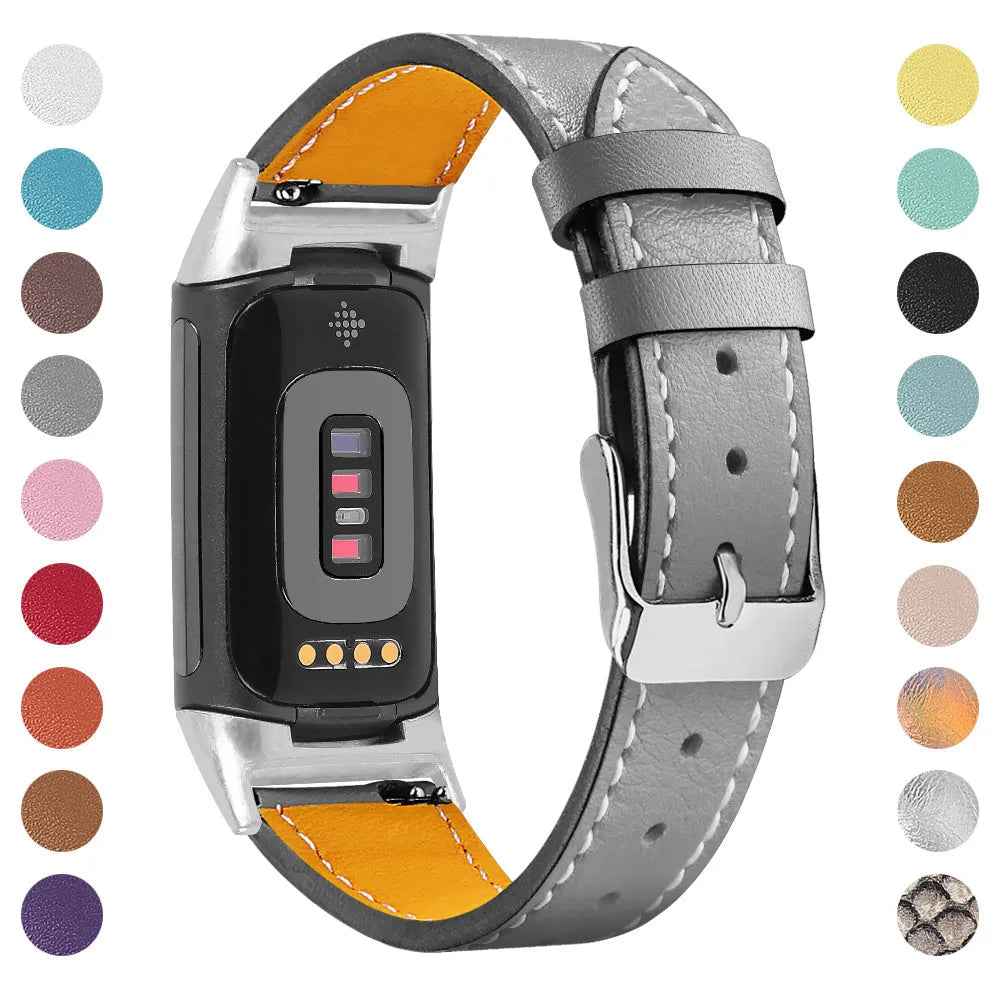Genuine leather watch strap for Fitbit Charge 5 and Charge 6 fitness trackers on a wrist.