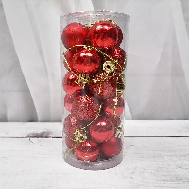 3 cm shiny matte finish Christmas tree bauble ornament in assorted colours including red, gold, and silver.
