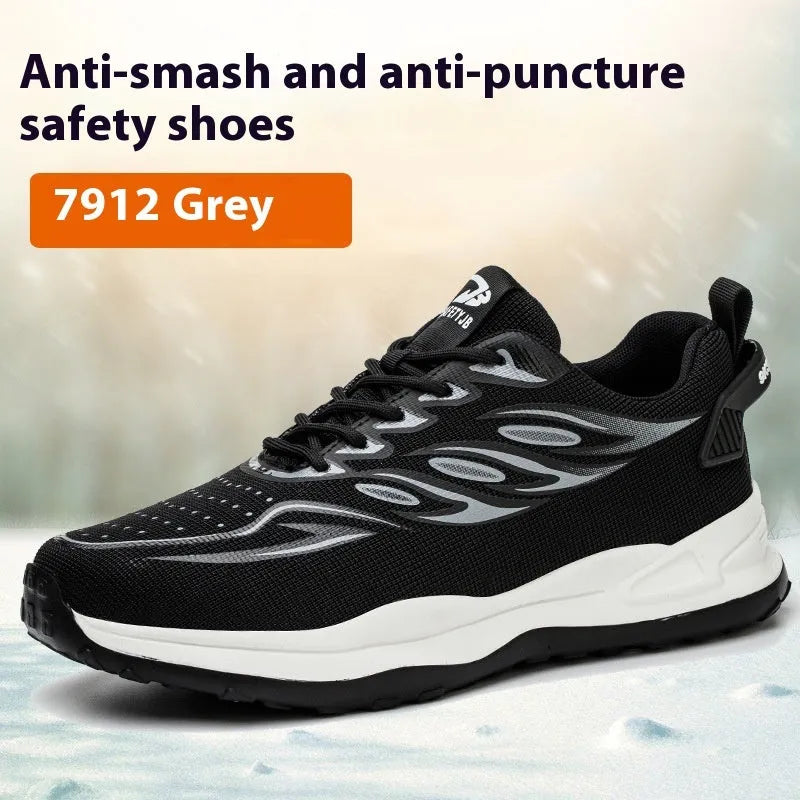 Orange and grey lightweight leather labour protection shoes with rubber soles on a white background