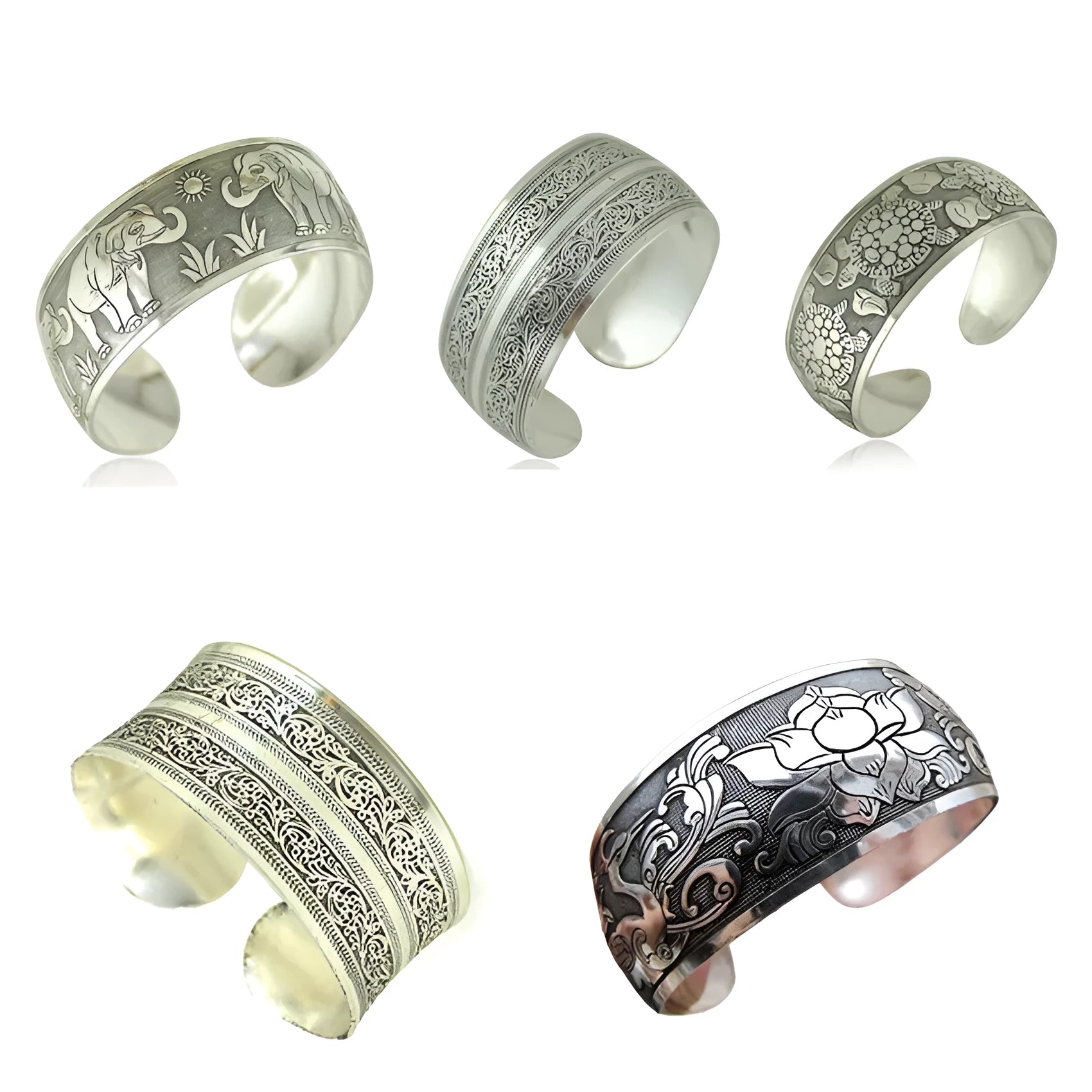Openwork Miao ethnic carved silver bracelet with elephant or turtle motifs