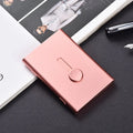 Hand push aluminium alloy RFID blocking business card case in black, 93x65x12mm, holding 6 cards