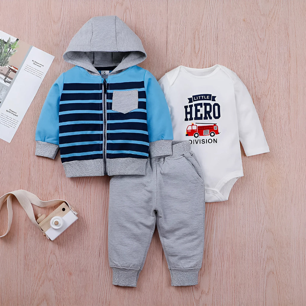 Baby letter print zipper three-piece suit in autumn colours, including coat and trousers, sizes 6M-24M