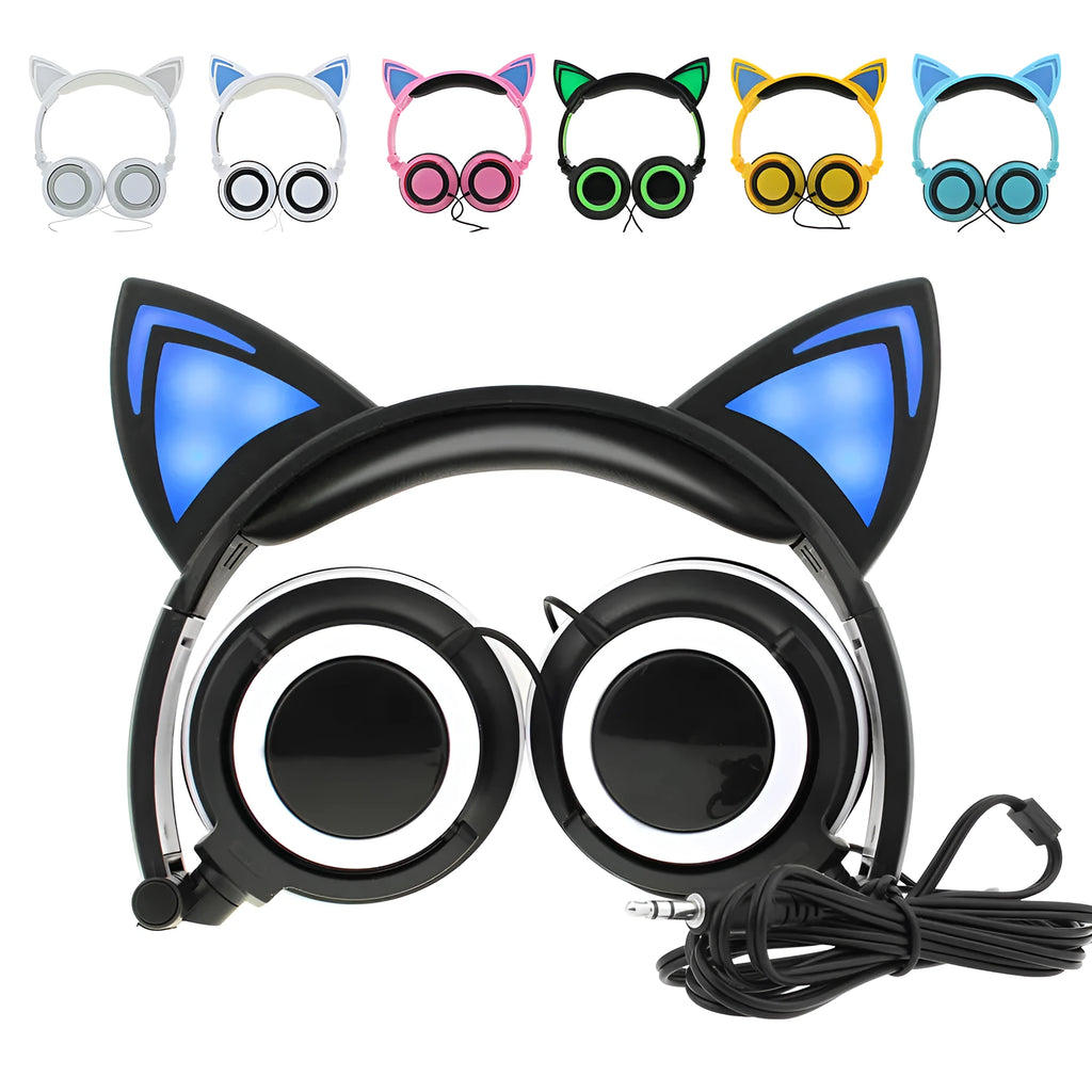 Colourful cat ear headphones with illuminated LED lights on the ears and ear cushions