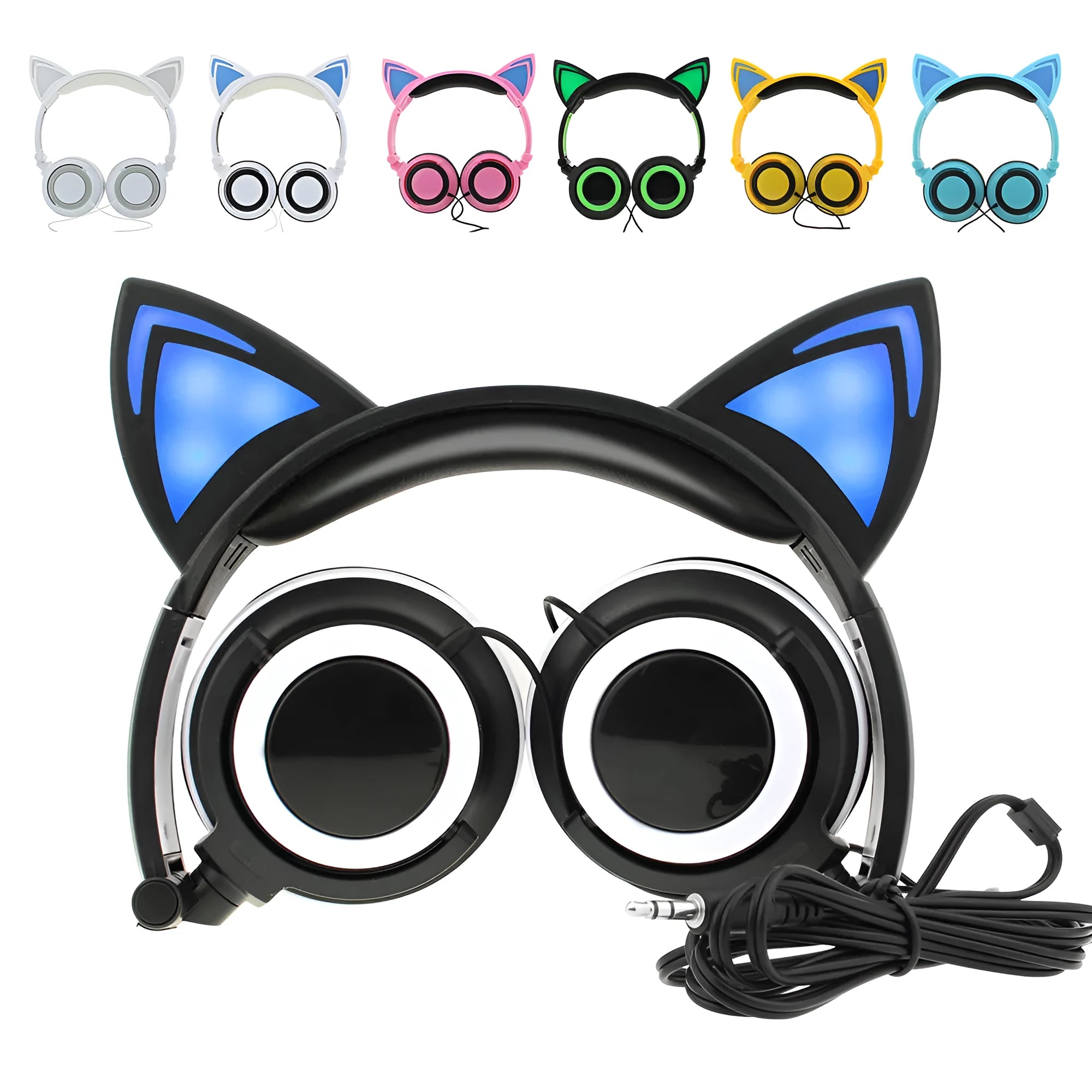 Colourful cat ear headphones with illuminated LED lights on the ears and ear cushions