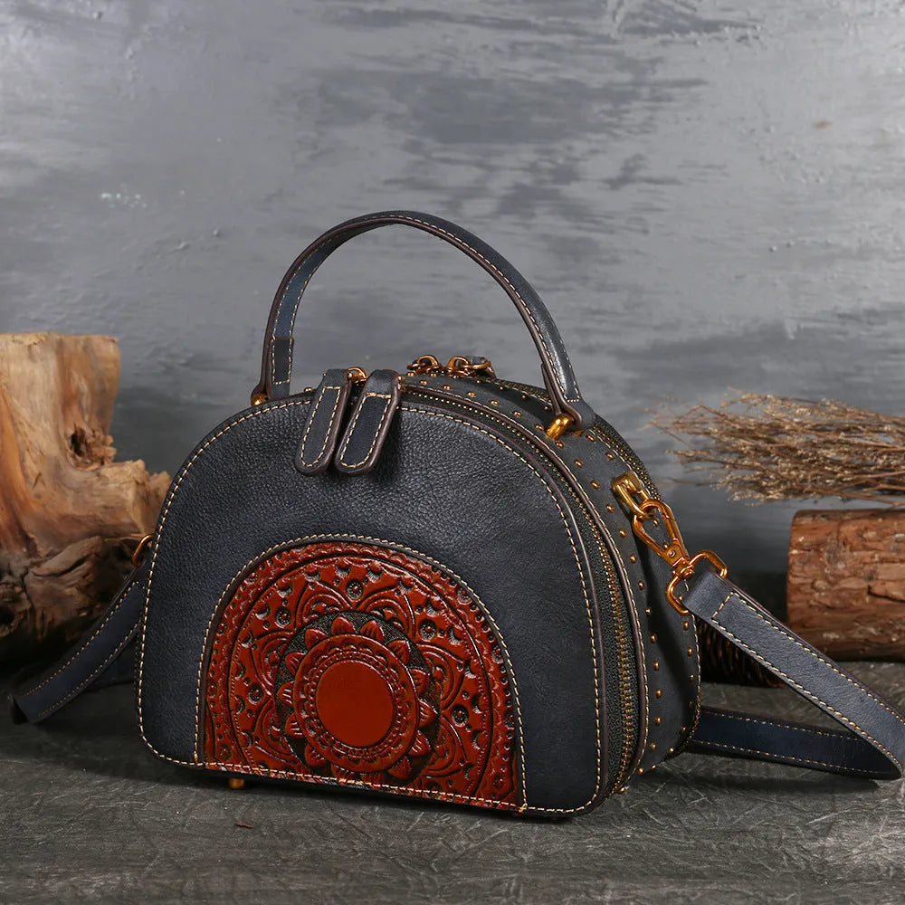Vintage cowhide leather handbag with suede accents showing interior compartments including ID bag and mobile phone pocket