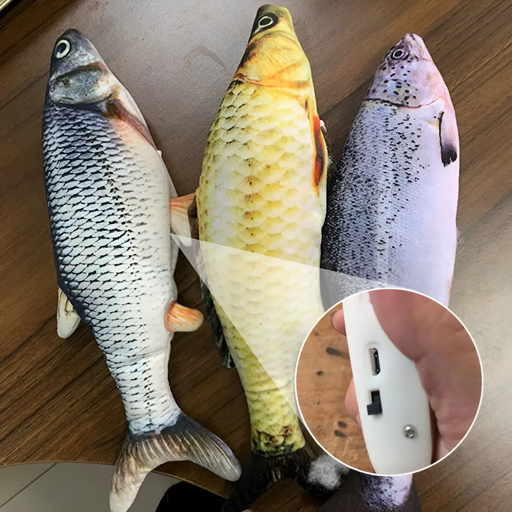 Electronic jumping fish cat toy with USB charging cable, 30cm multicolour fish design