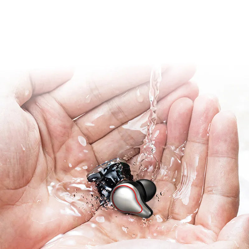 Black and blue in-ear Bluetooth headsets showing bilateral stereo earpieces