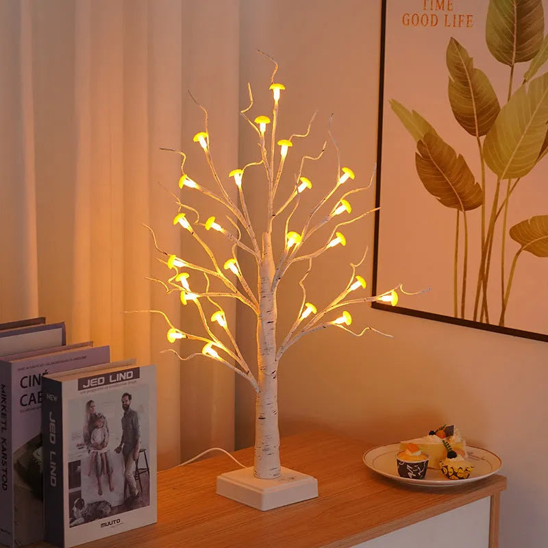 60cm tall mushroom tree LED lamp with birch design and 24 detachable plastic flowers