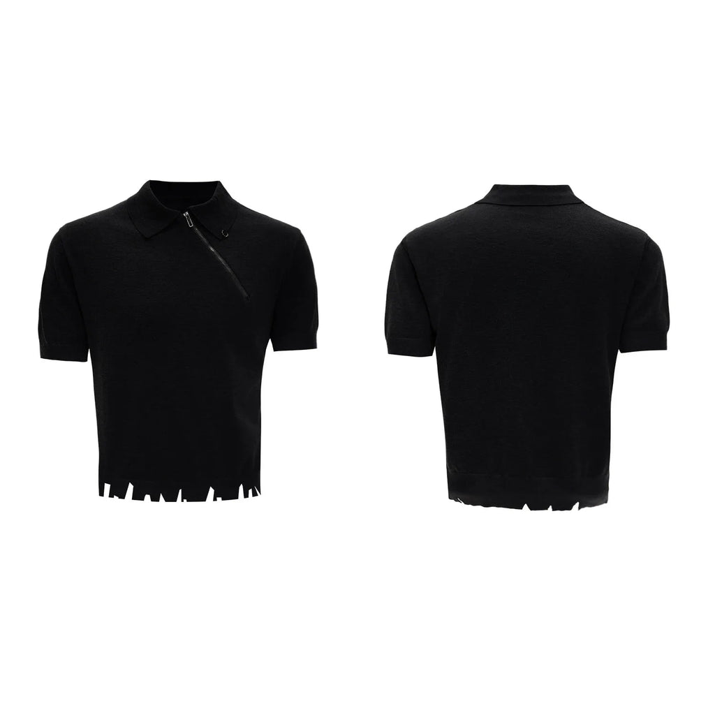 Men's slim-fit knitted polo shirt with oblique zipper and lapel collar in solid colour