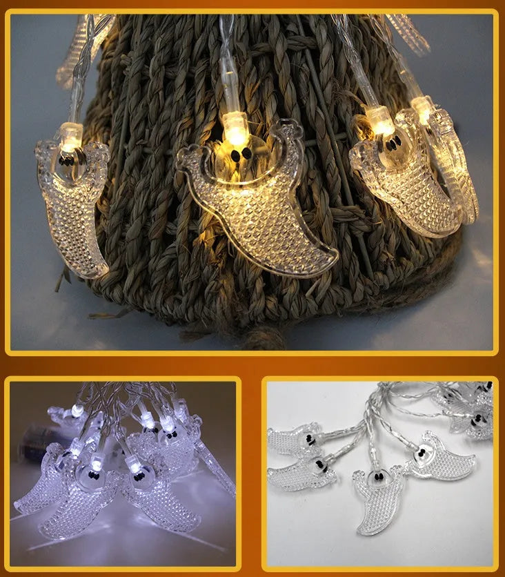 Halloween LED string lights with pumpkin, bat and ghost pendants on 1.2 metre white cable