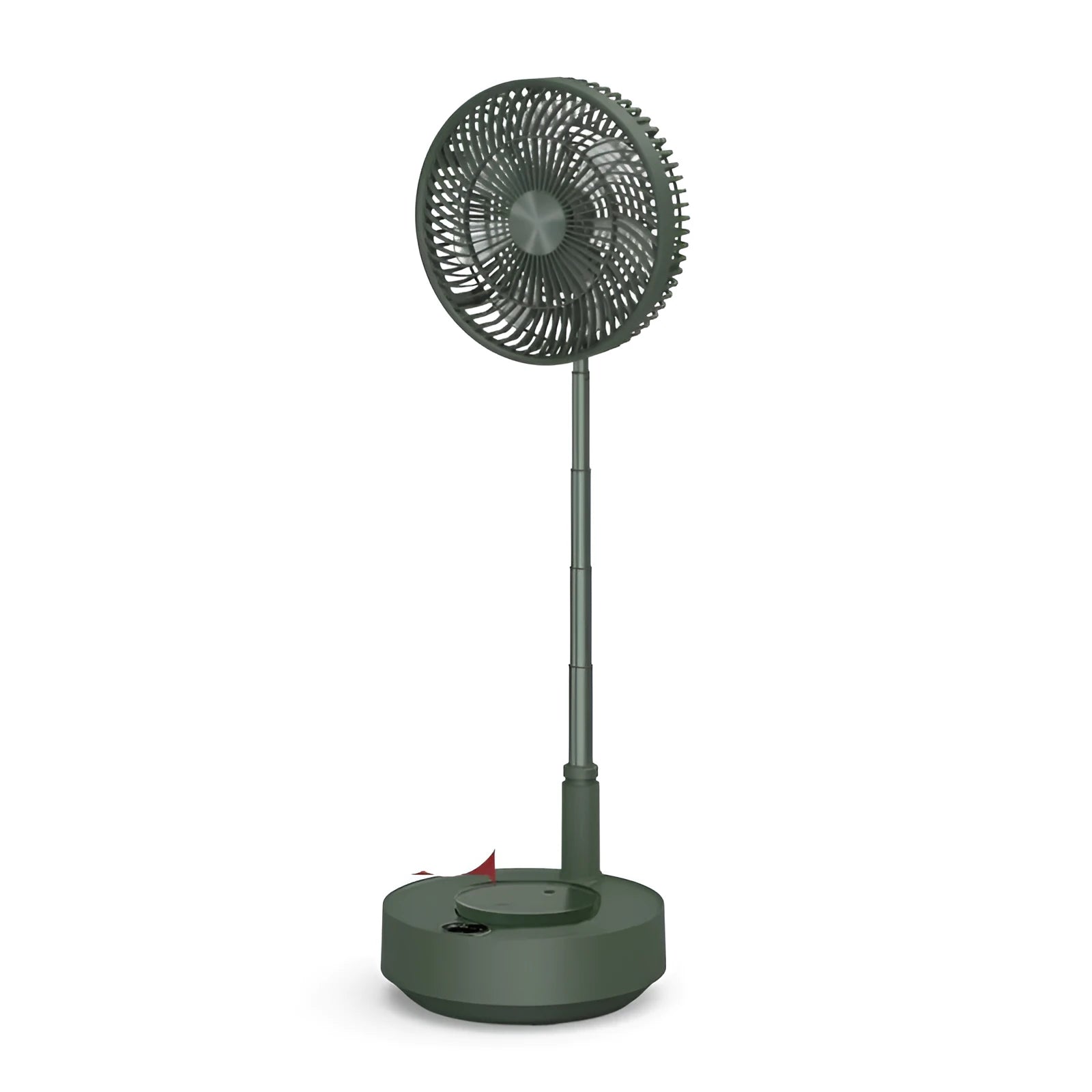 Green telescopic storage floor electric fan showing desktop and extended floor-standing configurations with remote control