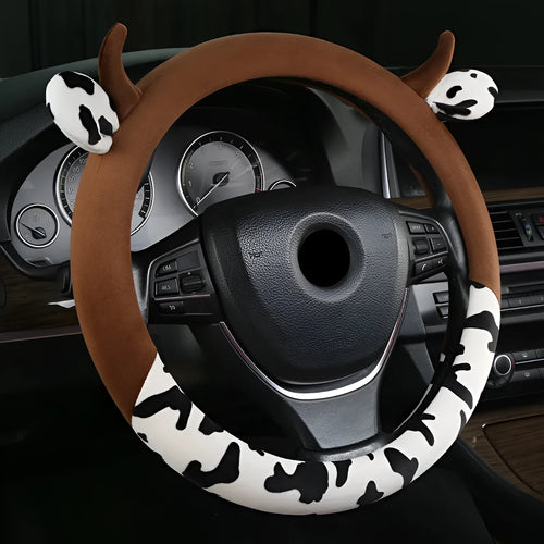 Short plush car steering wheel cover with protective handle in 38cm diameter
