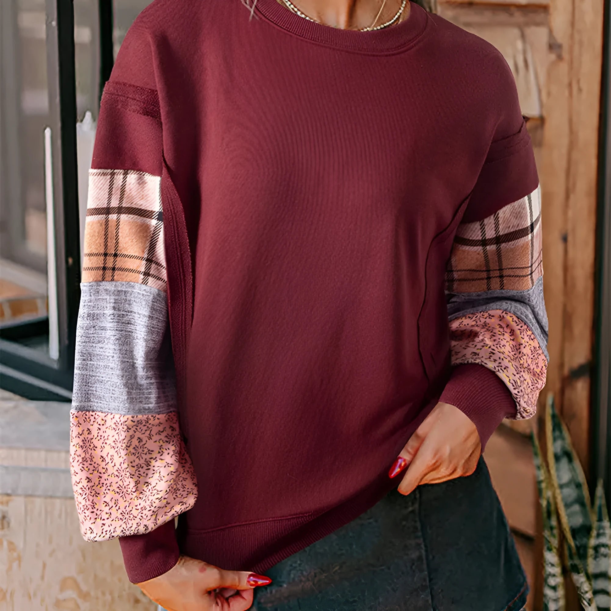 Women's loose-fit plaid stitching long-sleeved polyester top in beige colour