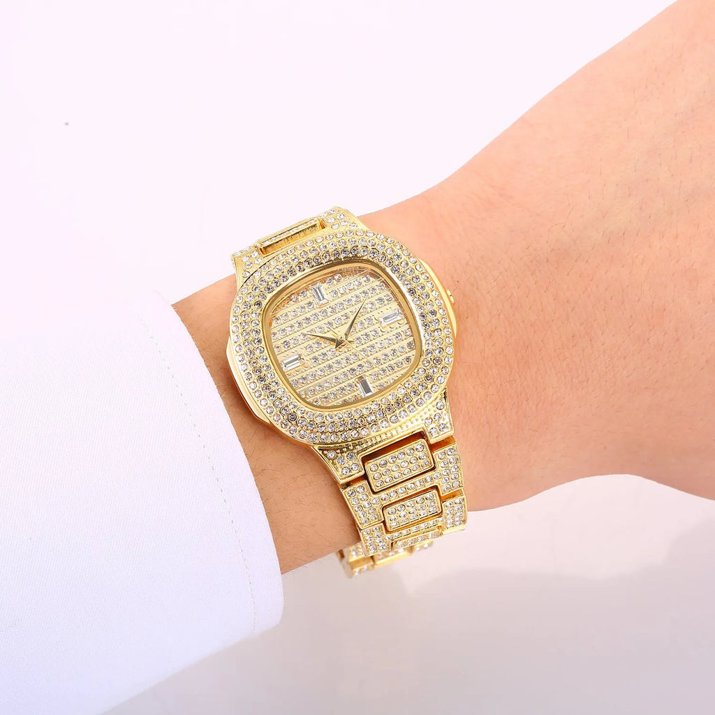 Fashion diamond watch with 37mm alloy strap dial and butterfly clasp on wrist