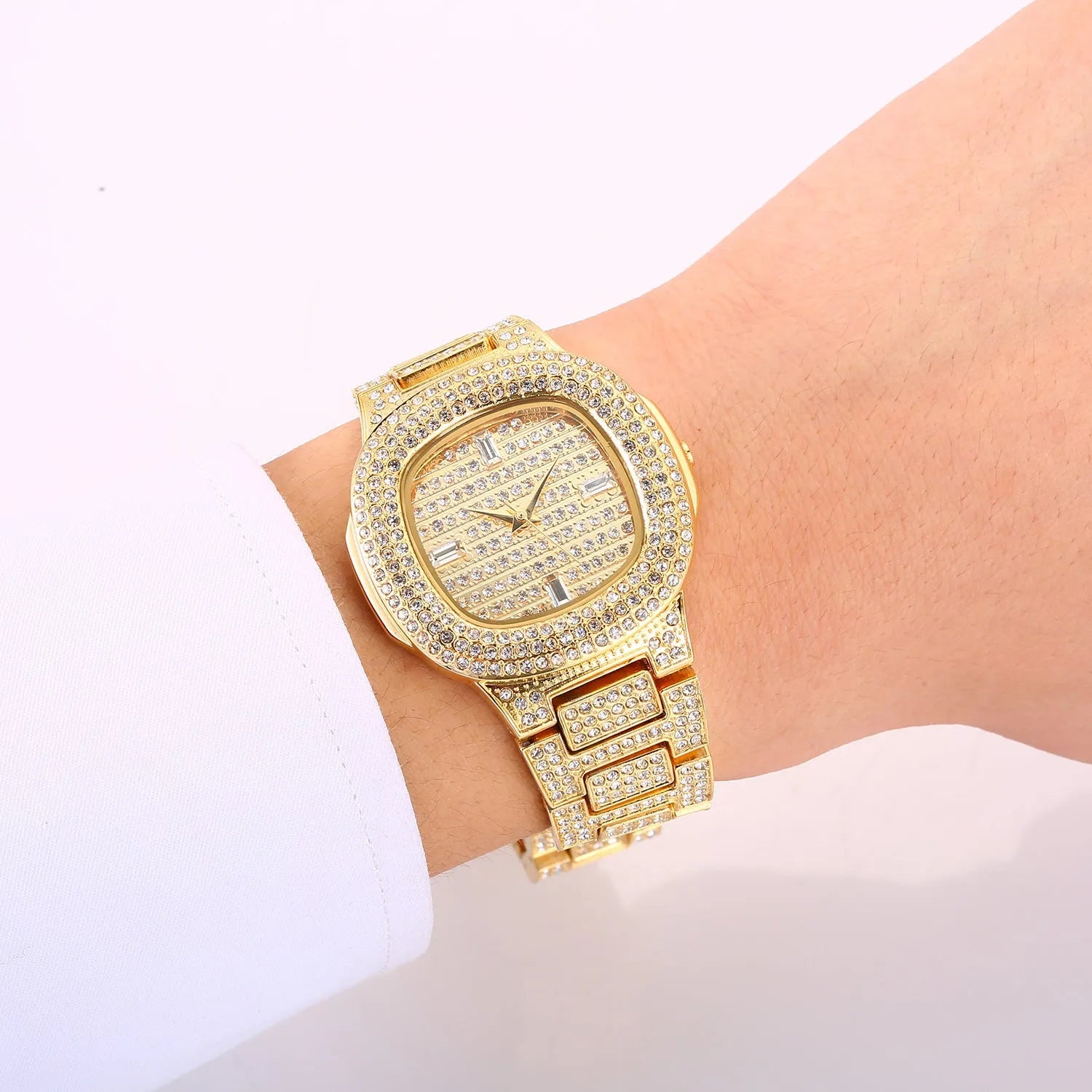 Fashion diamond watch with 37mm alloy strap dial and butterfly clasp on wrist