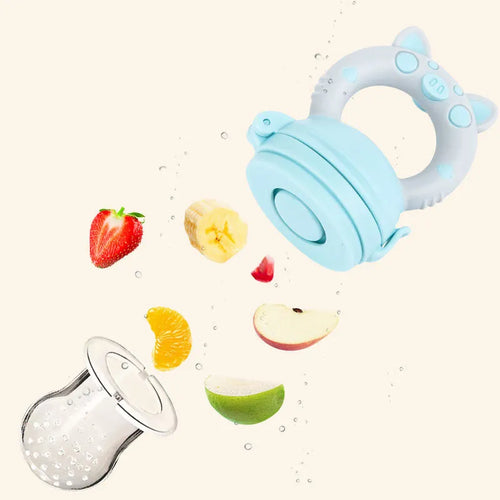 Soft silicone baby teether in blue, green, or pink colour options.