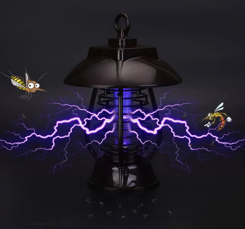 White solar powered outdoor mosquito repellent lamp with solar panel on top and LED light beads.