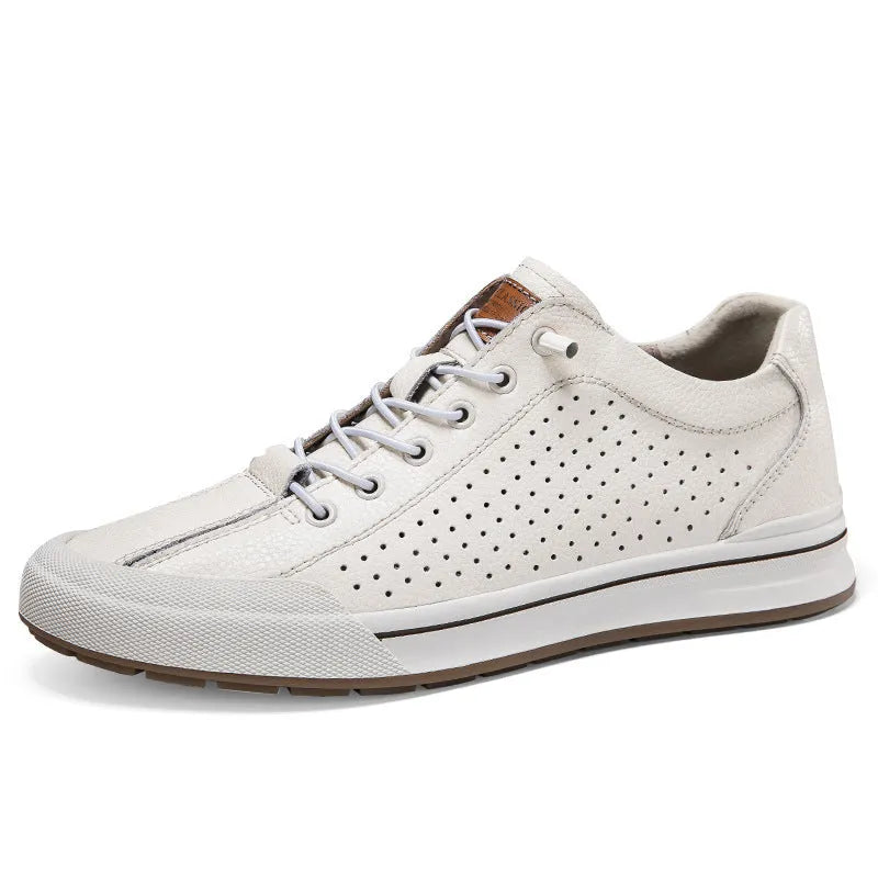 Men's white and black leather casual shoes with flat heel and round toe design showing multiple lining options
