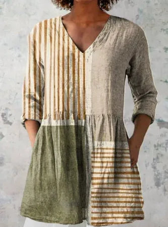 Women's printed wave pattern loose dress with 3/4 sleeves and wide waist design in polyester fabric